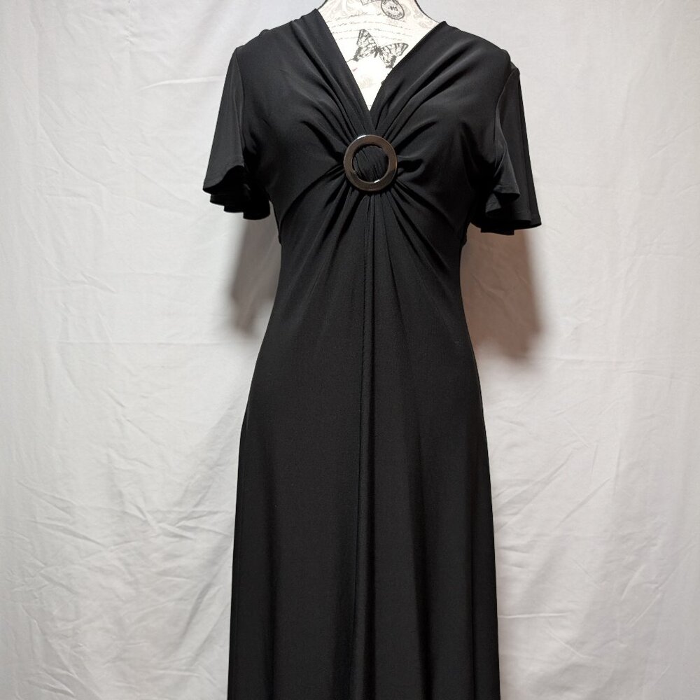 Kasper Black Midi V-Neck A-Line Dress O-Ring Detail Flutter Sleeves Women's 6